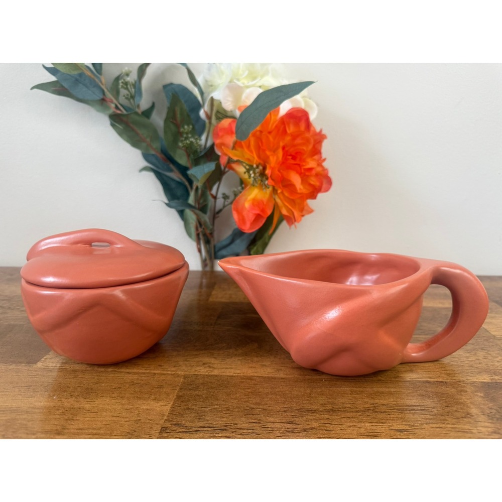 Vintage Terra Cotta Cream And Sugar Set Coral Pink Modernist Pottery Serving Set